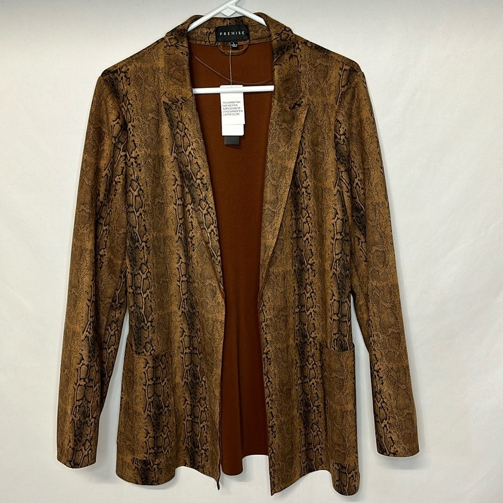 Premise Open Front Faux Leather Jacket Snakeskin Print Brown Black Size L